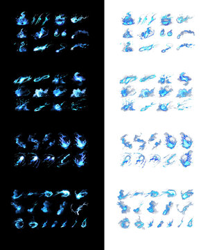 Electric blue lightning and energy magic effects set with stylized glowing sparks and plasma flashes on black and transparent backgrounds for game animation asset.