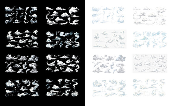 Set of cartoon clouds and smoke elements with white stylized swirls and fluffy shapes on black and transparent backgrounds for games and animation asset.