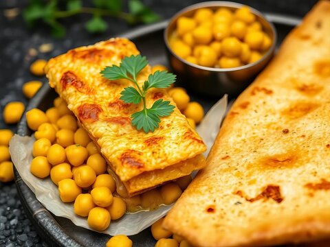 Crunchy, flaky bara surrounded by vibrant yellow curry chickpeas, snack, flatbread
