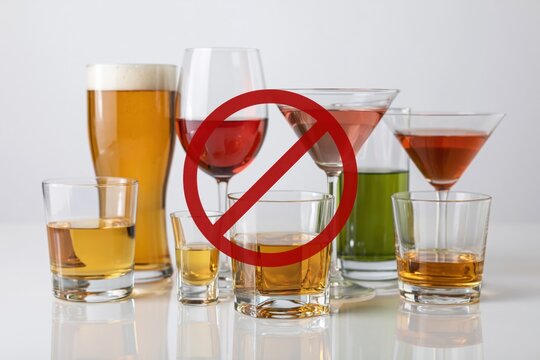 The No Alcohol Beverage Collection with Assorted Glasses and Red Prohibition Sign