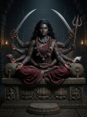 Fototapeta premium Multi-armed Goddess Kali Meditating on Throne
