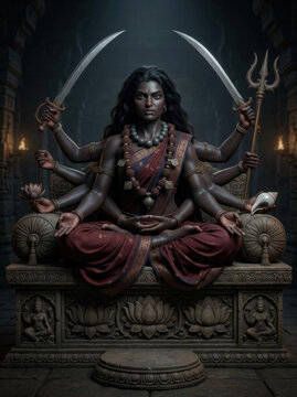 Multi-armed Goddess Kali Meditating on Throne