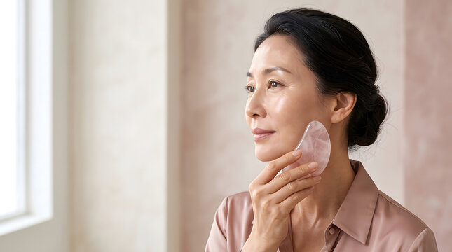 Mature Asian woman using a gua sha tool for hydrated and radiant skin