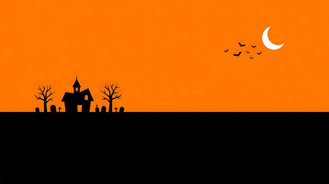 Minimalist halloween background featuring a spooky haunted house silhouette under a crescent moon in a bright orange sky