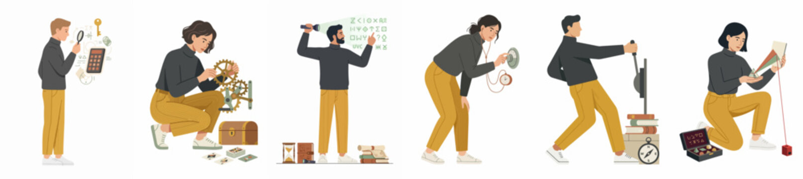 Flat Vector Illustration Set of People Solving Puzzles, Decoding Riddles, and Searching for Clues in an Escape Room or Mystery Concept