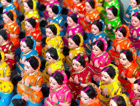 Close up Idol of Hartalika Devi in Pune, Hindu festival where women worship Lord Shiva and Goddess, Maharashtra, India, Asia