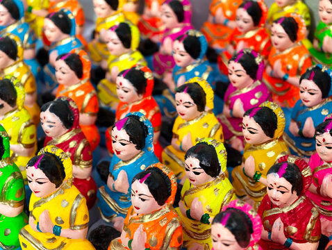 Close up Idol of Hartalika Devi in Pune, Hindu festival where women worship Lord Shiva and Goddess, Maharashtra, India, Asia