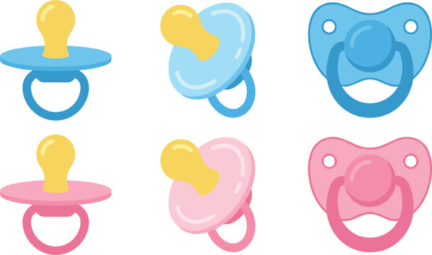 Cute Baby Pacifier and Binky Vector Icon Set in Pink and Blue Colors for Newborn Gender Reveal Shower and Nursery Graphic Designs