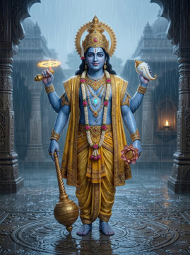 Vishnu, God of Preservation, holding divine weapons