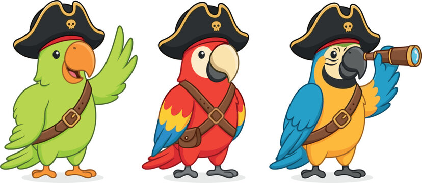 Cute Cartoon Pirate Parrot Character Set with Tricorn Hat, Spyglass, and Crossbody Belts for Childrens Books, Games, Stickers, and Kids Designs