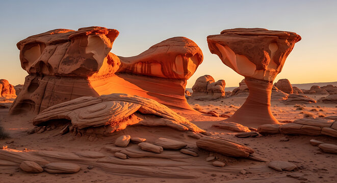 Wind-Sculpted Sandstone Formations in Remote Desert at Golden Hour