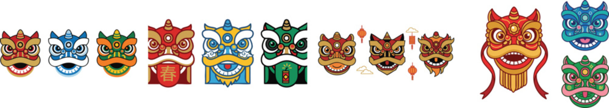 A set of three stylized Chinese lion dance head illustrations representing lunar new year traditions and oriental culture in minimalist vector style, vector isolated on white