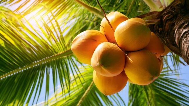 Yellow Coconut Cluster Hanging from Tropical Palm Tree Under Bright Sunlight
