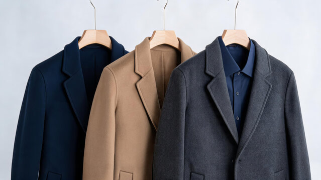 Three tailored wool coats in navy, tan and gray hang on wooden hangers, paired with a navy dress shirt for a polished formal look.