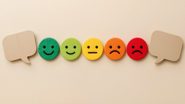 Customer Satisfaction Feedback Rating Scale with Colorful Smiley Faces and Speech Bubbles for Review Survey Concept