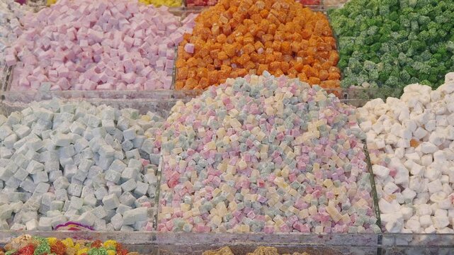 Colorful sweets displayed at a market stall in Turkey