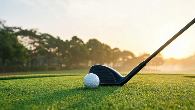 A golf club and a golf ball rest on a well-maintained fairway at sunrise, ready for a swing.
