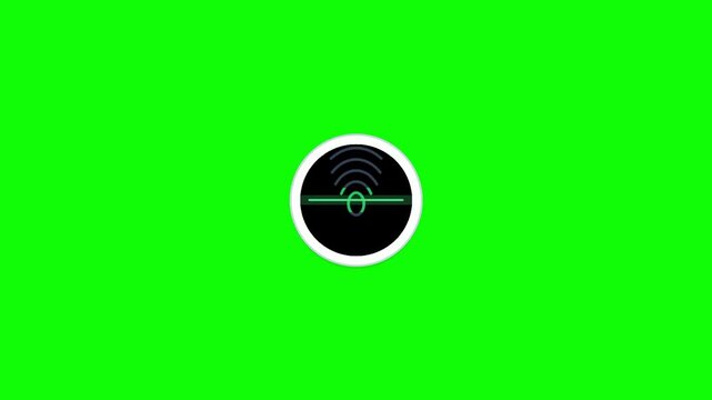 Biometric iris scan animation on green screen background. Identity recognition icon with scanning line and signal waves for cybersecurity and digital authentication concepts.