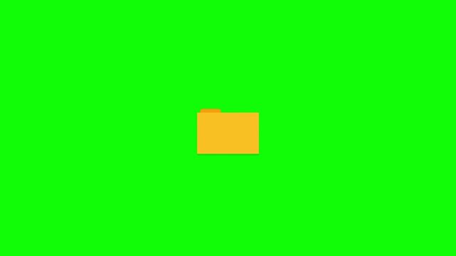 Minimalist animation of a yellow digital folder opening and closing to reveal a document, isolated on a green screen background for easy chroma keying and compositing in video projects.