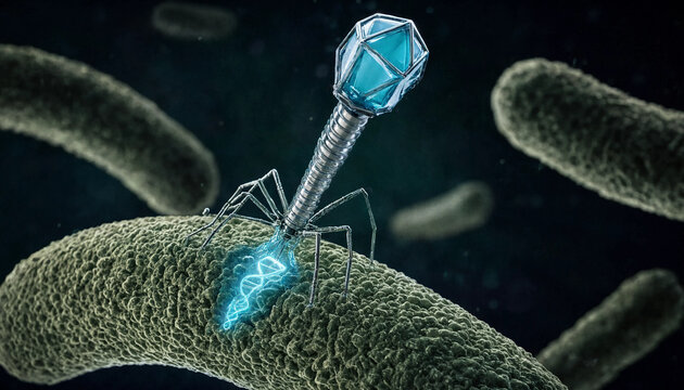 Bacteriophage attacking bacteria with glowing dna injection concept in microscopic environment