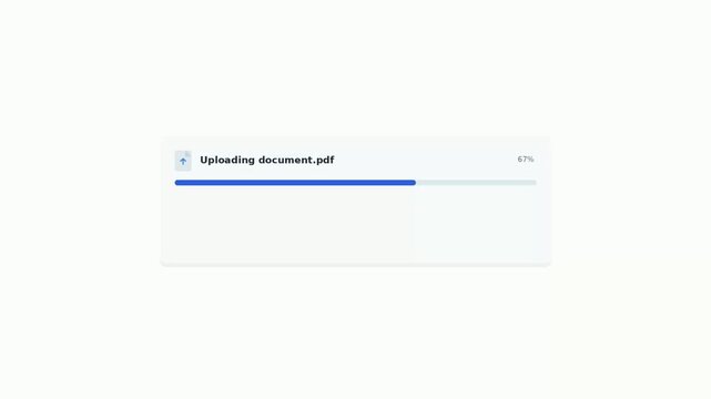 Minimalist digital animation showing a file upload progress bar for a PDF document reaching one hundred percent completion on a clean white background, representing data transfer and cloud storage.