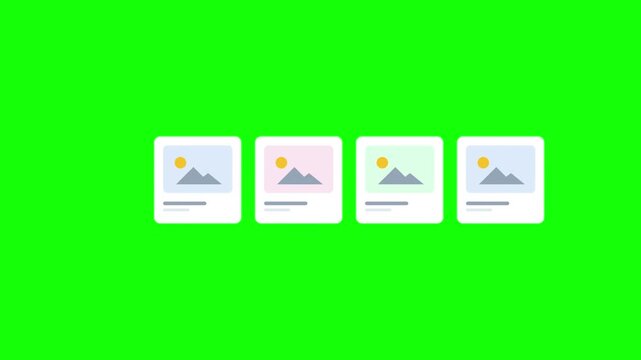 Minimalist graphic UI image placeholder cards with mountain and sun icons in a flat design style, isolated on a green screen background for web and mobile app interface mockup development.