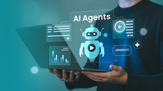 Professional using advanced artificial intelligence agent technology to manage digital workflows and analyze data with interactive holographic interfaces