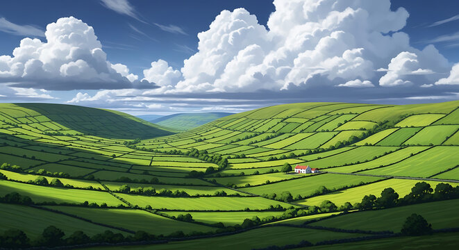 Rolling Green Hills Valley Panorama with Patchwork Fields and Solitary Farmhouse
