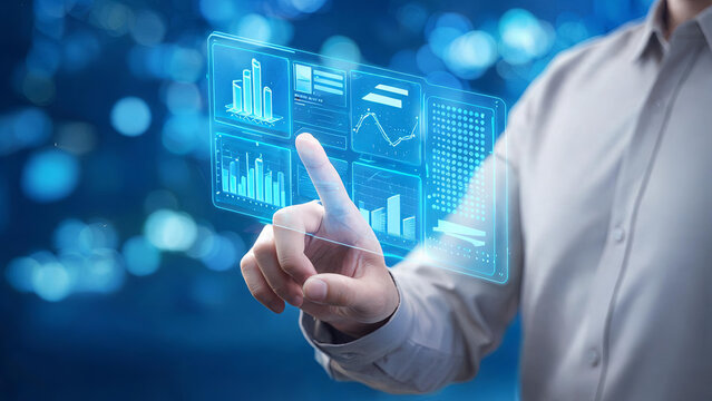 A professional businessman interacts with a futuristic holographic data visualization interface displaying various analytical graphs and charts.