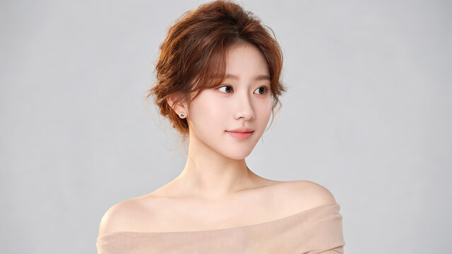 A gentle young East Asian woman in an off-shoulder top, wearing a small stud earring, with a neat updo, posed against a plain light gray background.