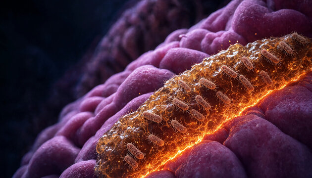Bacterial infection concept with glowing microbes on purple tissue surface showing inflammation and immune response