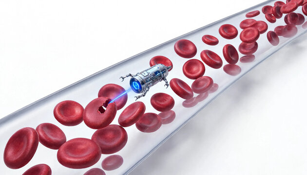 Nanorobot repairing red blood cell inside transparent artery concept