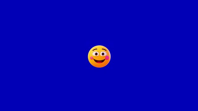 Three identical smiling face emojis floating horizontally across a bright blue background in this animation with moving horizontally left video displays three right across flat communication happy