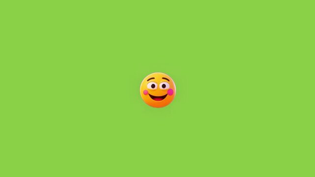 Three identical smiling yellow emoticons moving horizontally across a solid bright green background screen space with moving straight horizontal background seamless loop emoticons pink cheeks smile