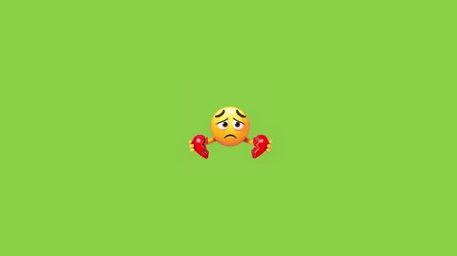 Three sad emojis holding broken hearts displayed in a horizontal row on green background with illustrating feelings heartbreak heart symbols arranged yellow cartoon emojis arranged line with emoji set