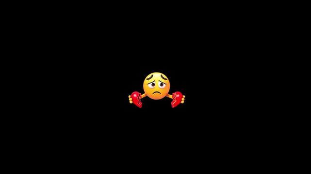 Three sad yellow emojis holding broken red hearts isolated on a solid black background with illustrating feelings sadness video three identical emojis arranged row heart against plain relationship