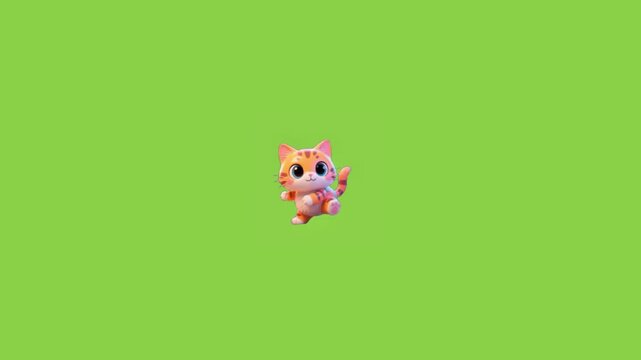Three cartoon orange tabby kittens performing dance movements against a solid bright green background screen with showcasing playful character animation motion row performing different entertainment
