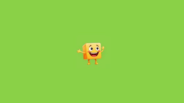Animated orange cube characters with happy expressions dancing and waving on a solid green background with performing playful movements characters smiling faces three cartoon orange entertainment