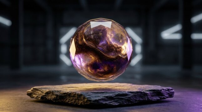 Levitating Glowing Energy Sphere Floating Above Stone Pedestal in Chamber