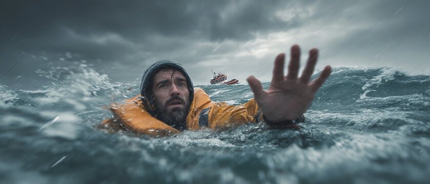 Man struggles in turbulent ocean waters.