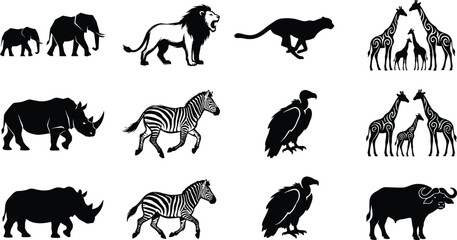 Obraz premium African Wildlife Silhouette Icon Set Featuring Lion Elephant Zebra Rhino Giraffe and Buffalo