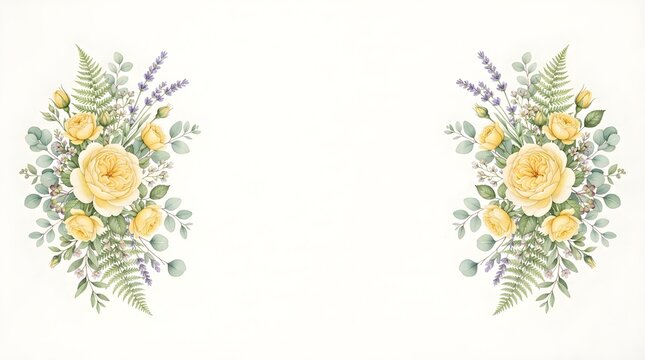 Elegant horizontal background featuring symmetric watercolor yellow rose bouquets and green foliage framing a blank space.