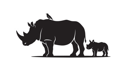 Rhino and calf stand together as a black silhouette © Layla