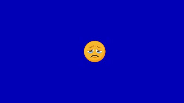Three yellow circular emoji faces with sad and crying expressions displayed against a solid blue background with arranged horizontally across frame simple digital animation style line three distinct