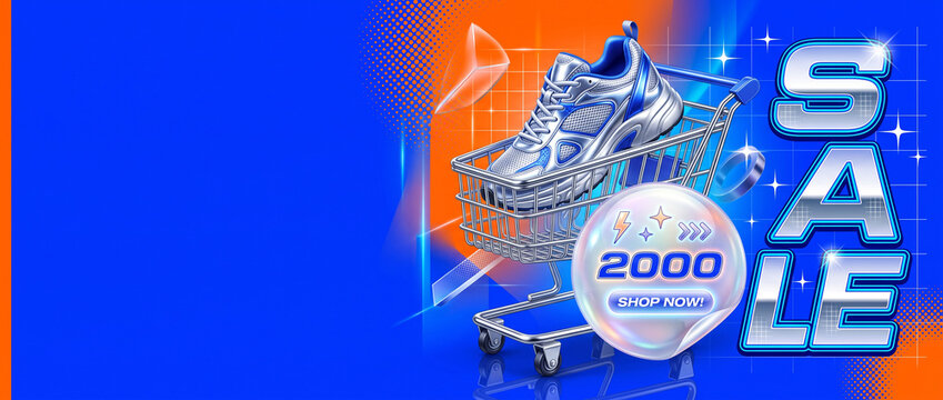 Trendy Y2k style ecommerce sale banner with Silver running shoe, shopping cart with blue and orange background and large sale text, representing online shopping and ecommerce with empty copy space