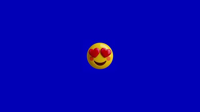 Three identical yellow heart eyes emojis floating horizontally against a solid vibrant blue background screen with background continuous horizontal yellow emoji faces video three communication fun