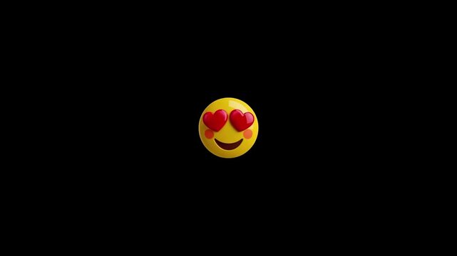 Three yellow emojis with heart eyes floating and spinning against a solid black background with background conveying sense happiness digital format eyes rotating horizontal sense love affection