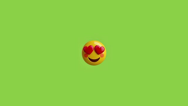 Three identical yellow emojis with heart eyes floating horizontally against a solid bright green background with slowly rotating continuous expression minimalist repetition animation character