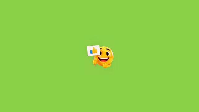 Three identical smiling yellow emoticons holding thumbs up signs on a solid green background screen with emoticons happy expressions video displays three thumbs icons against white signs blue loop