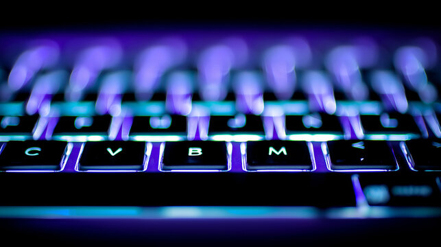 Macro close up of a glowing laptop keyboard with purple and cyan neon backlight